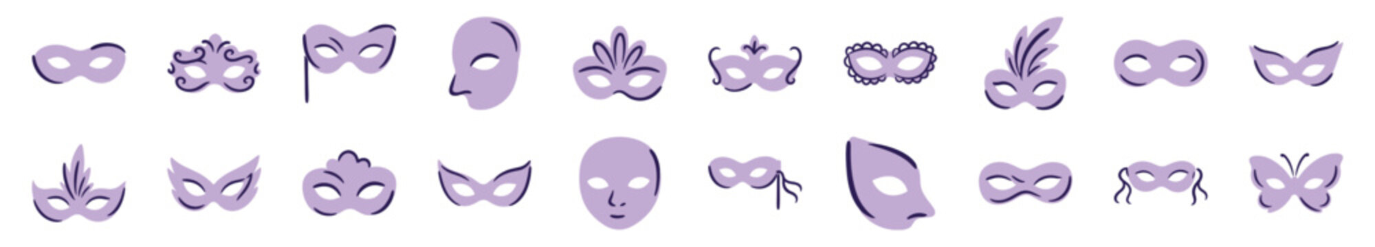 Large collection of purple carnival masks in various styles, including ornate, feathered, and simple designs, arranged in a festive set for a masquerade ball or celebration