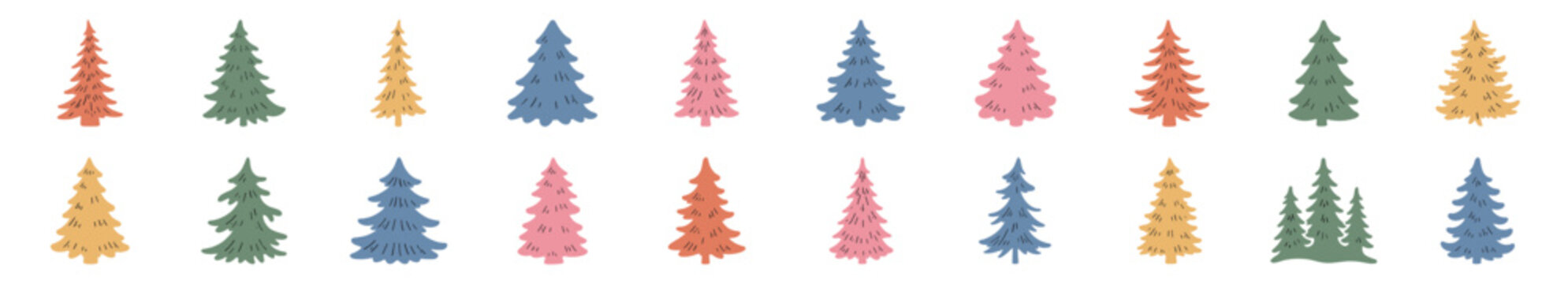 Set of colorful hand-drawn Christmas trees in a whimsical folk art style, featuring various shapes and a modern festive palette of pink, blue, yellow, and green