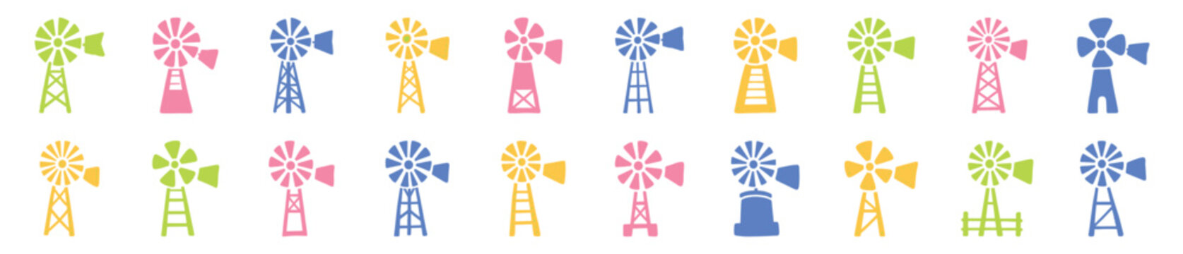 Colorful collection of farm windmill silhouettes in various designs and pastel colors, arranged in two rows as a graphic design element for agricultural or energy themes