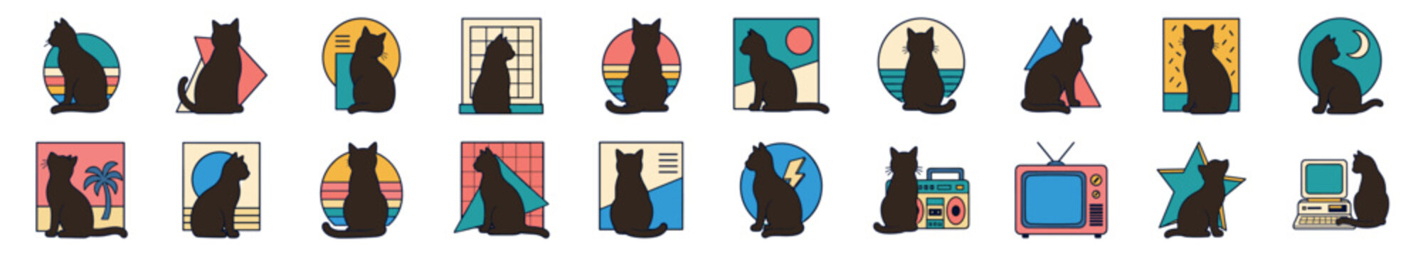 Collection of black cat silhouette icons in a retro 80s and 90s style with geometric shapes, vintage electronics, and pastel color palettes for graphic design elements
