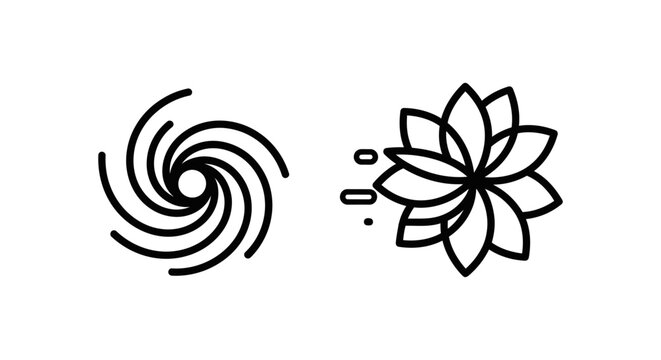 Linear black icons illustrating a swirling vortex spiral and a blooming petal flower with speed lines abstract isolated whirlpool botanical movement circular rotational