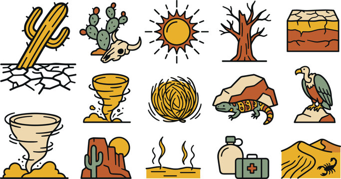 Desert Survival and Wild West Climate Icon Set with Saguaro Cactus, Sandstorms, Tumbleweeds, Scorpions, and Scorching Heat Elements for Outdoor Adventure Designs