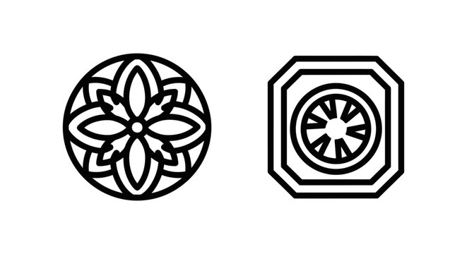 Set of circular ornamental mandala and energy core glyph icons in black outline with abstract minimalist creative decoration illustration collection isolated identity branding