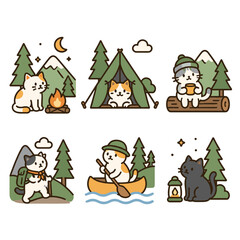 Fototapeta premium Set of cute cartoon cats enjoying outdoor camping and hiking activities