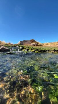 &Aacute;gua cristalina de nascente termal fluindo no Altiplano boliviano. V&iacute;deo vertical de &acirc;ngulo baixo com &aacute;gua transparente, pedras e c&eacute;u azul.