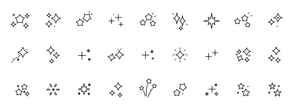 Set of hand drawn sparkle and star icons, collection of decorative elements for design isolated on transparent background
