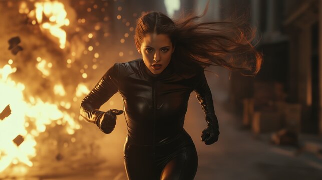Cinematic female action hero in black leather suit running toward camera with urban explosion in background