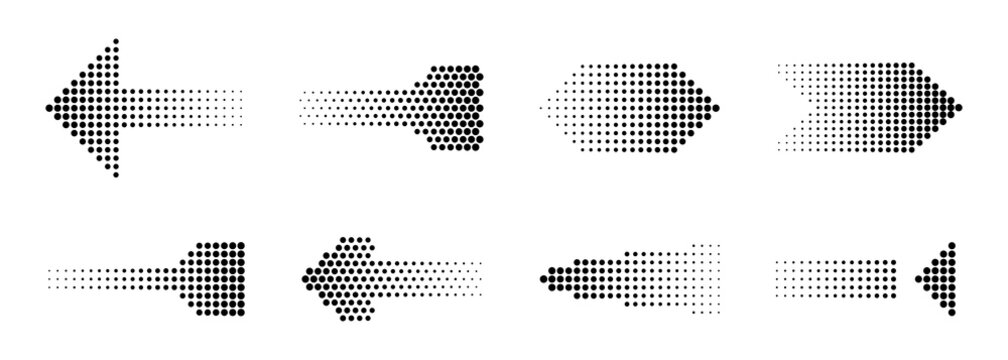 Set of halftone dotted arrow icons pointing in different directions isolated on transparent background