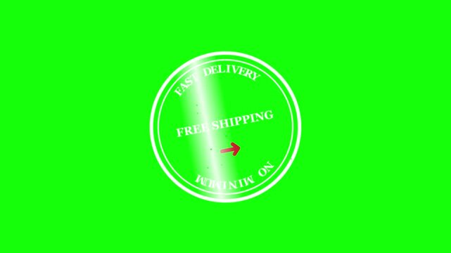 Free shipping stamp animation on green screen, fast delivery promotional seal with red arrow, white circle stamp element for e-commerce video editing