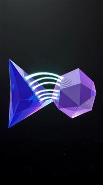 Hyperdetailed 3D CGI animation of two elegant translucent crystalline geometric forms suspended in a vast dark void at the exact peak moment of interaction dynamic bidirectional streams of luminous pa