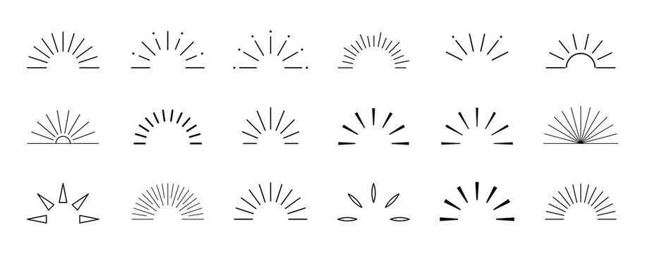Set of sunburst rays, half circles, and radial lines isolated on transparent background