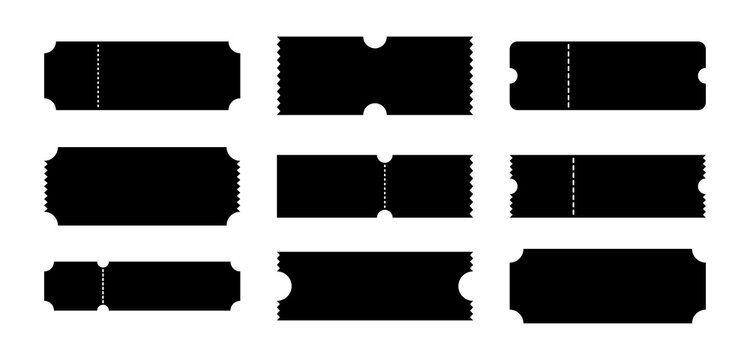 Set of black ticket stubs, cinema and event admission templates, blank paper coupons with perforated lines isolated on transparent background