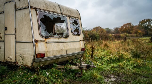 Abandoned old caravan with broken window in overgrown field. Neglected trailer decay and vandalism concept. Rural dereliction and poverty background