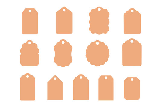 Set of blank gift tags in different shapes with hanging holes. Simple peach label templates with rectangular, scalloped and decorative silhouettes isolated on white background.