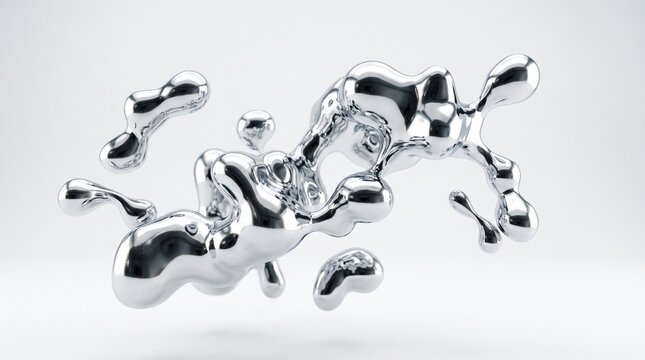 Floating liquid metal blobs with chrome texture and reflective silver surface liquid splash