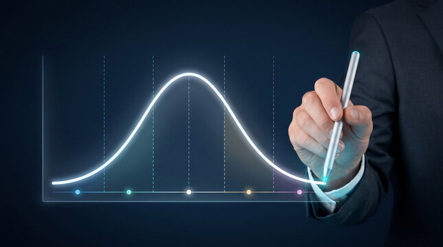 Businessman drawing a bell curve on a digital screen for statistical data analysis.