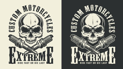Fototapeta premium Vintage custom motorcycle skull emblem. Crossed spark plugs for garage workshop branding. Retro biker apparel graphic design illustration. Extreme riding lifestyle artwork.