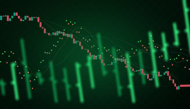 A detailed financial stock market chart showing complex candlestick patterns and technical indicators on a dark green digital trading display.