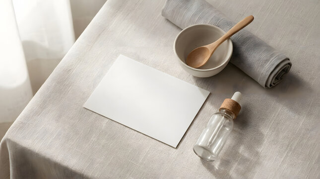 Blank card and cosmetic bottle mockup on linen cloth