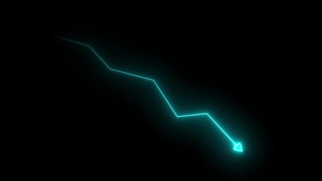 Glowing red neon downward graph with arrow indicating decline, loss, and negative trends on a dark, abstract background, perfect for conveying risk, crisis animation. 4k