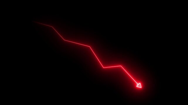 Glowing red neon downward graph with arrow indicating decline, loss, and negative trends on a dark, abstract background, perfect for conveying risk, crisis animation. 4k