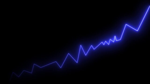 neon glowing zigzag line with upward arrow on black background, representing growth trend, progress, and rising performance. Motion graphics of neon business graph line concept