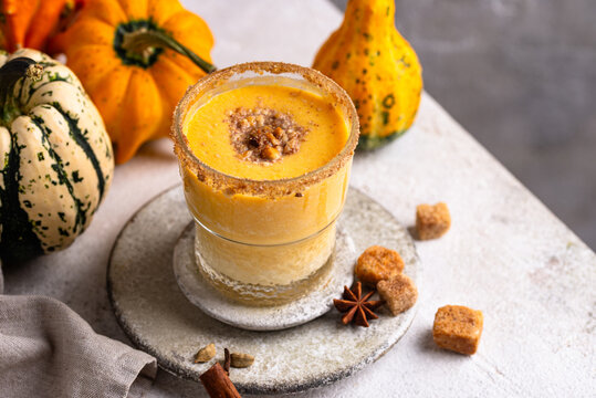 Autumn hot drink spicy pumpkin smoothie or latte