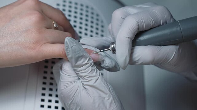 Manicure technician prepares nails with drill smoothing transitions and irregularities before polygel application in beauty salon