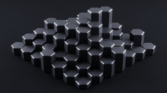 3d render of abstract dark grey hexagonal columns of varying heights arranged in a geometric pattern on a black background