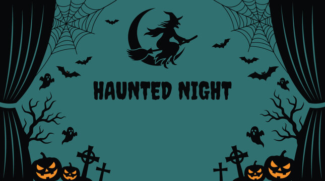 A spooky halloween background featuring a witch flying on a crescent moon with pumpkins and bats for a festive holiday celebration