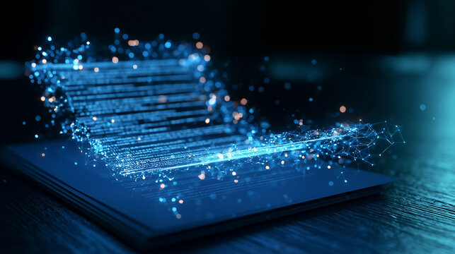 Abstract visualization of glowing digital blockchain nodes and smart contract