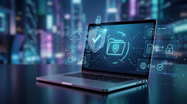 Endpoint security and cloud data protection on laptop screen showcasing encrypted folders and secure file transfer in modern corporate environment
