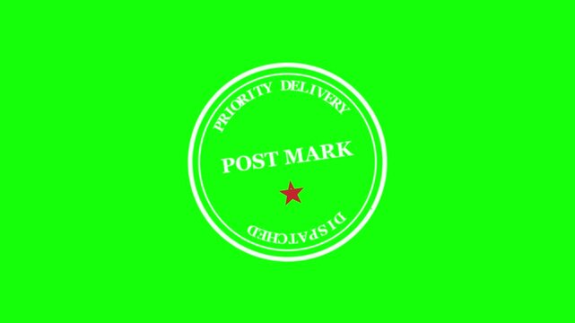 Animated post mark stamp appearing on chroma key green screen, priority delivery dispatched circular stamp graphic, transition element for logistics videos