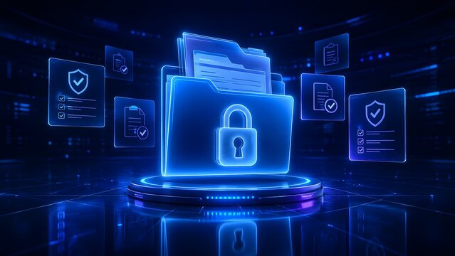 Futuristic glowing blue 3D holographic file folder with padlock and secure documents representing digital privacy and data protection