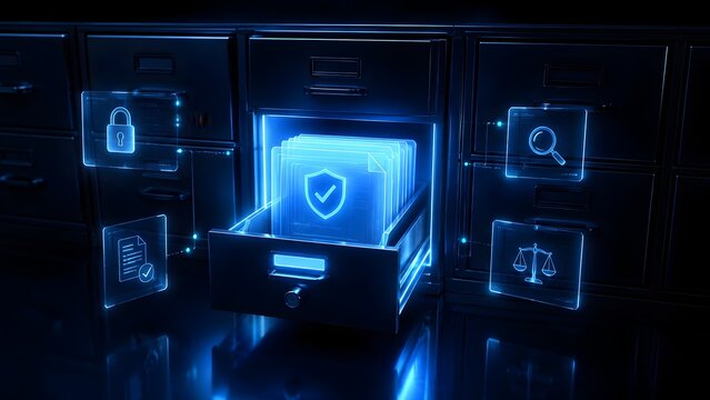 Open drawer of filing cabinet revealing glowing blue 3D holographic secure documents representing digital archive and data protection