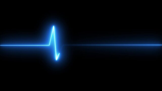 Glowing Neon heartbeat line animation on black background. BPM Loop Screen, Blue w/ Grid. Heart rate monitor / electrocardiogram