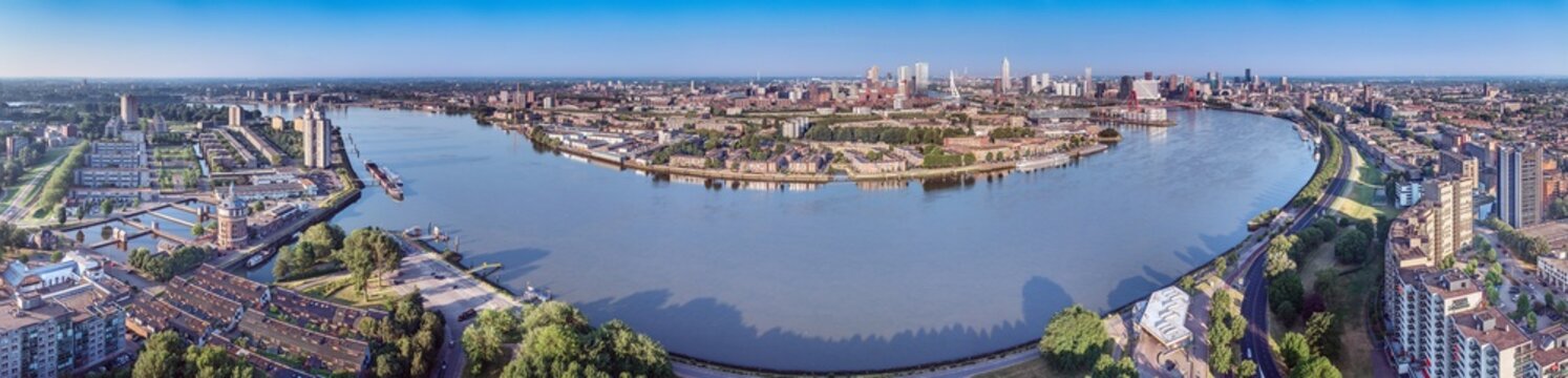 Aerial panorama of Rotterdam city and Nieuwe Maas river