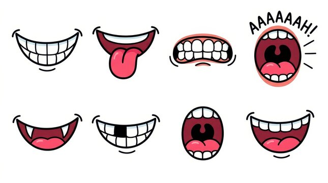 Collection of Cartoon Mouth Expressions with Various Smiles, Teeth, and Tongues for Character Design