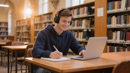 Obraz premium Young man with headphones studies on laptop in library, taking notes