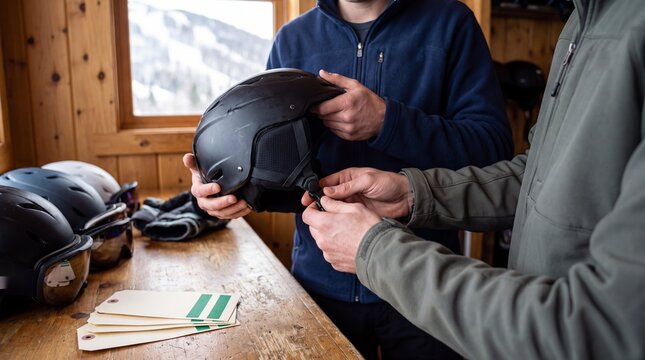 Two ski rental staff members adjusting a helmet chin strap at resort