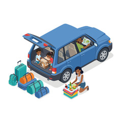 Fototapeta premium Colorful isometric vector of a cheerful family packing a bright blue SUV for a fun road trip with luggage, pet crate, and travel supplies, ideal for vacation planning, travel agency promotions, and