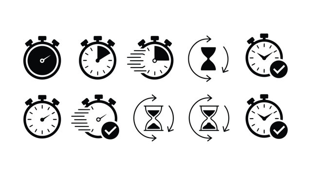Time management tools including stopwatches hourglasses arrows and checkmarks for productivity efficiency planning scheduling and timing tasks