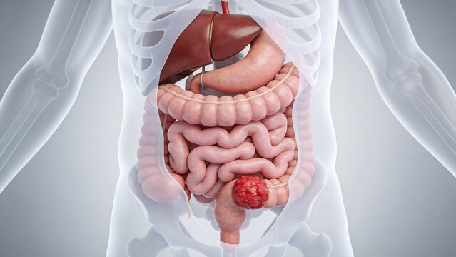 Colorectal Cancer: Malignant Tumor Lesion of Human Colon Rectum, 3D Medical Anatomical Illustration of Large Intestine