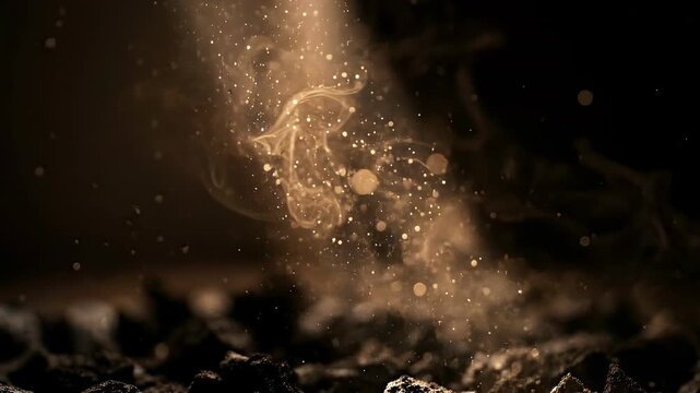 Airborne ash-like dust in black and gold tones, a dreaminess dust motes overlay suited for video editing multimedia projects