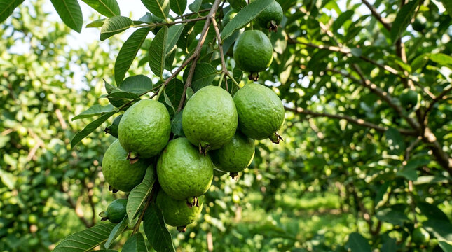 Fresh green guava fruits hanging on a tree branch with lush foliage background
