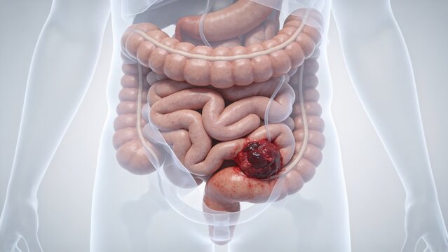 Colorectal Cancer: Malignant Tumor Lesion of Human Colon Rectum, 3D Medical Anatomical Illustration of Large Intestine