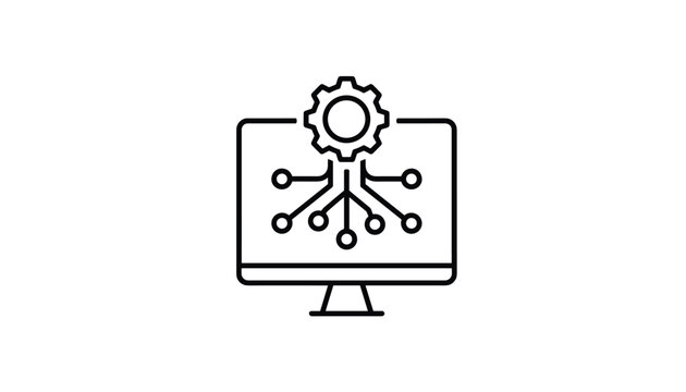Black line icon representing a computer monitor combined with a cog wheel and circuit lines, perfect for tech and system administration.