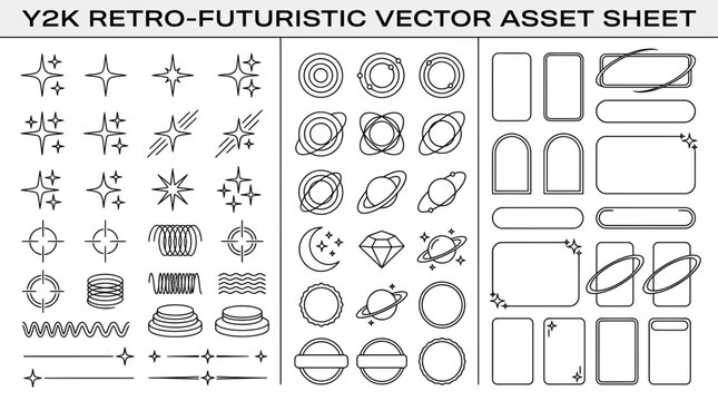Collection of minimalist cyber aesthetic line art icons including celestial shapes geometric frames and futuristic star symbols for modern creative design layouts