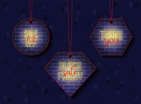 Hanging price tags with glowing yellow neon sign on dark brick wall for Black Friday sale promotion. Tag mockup