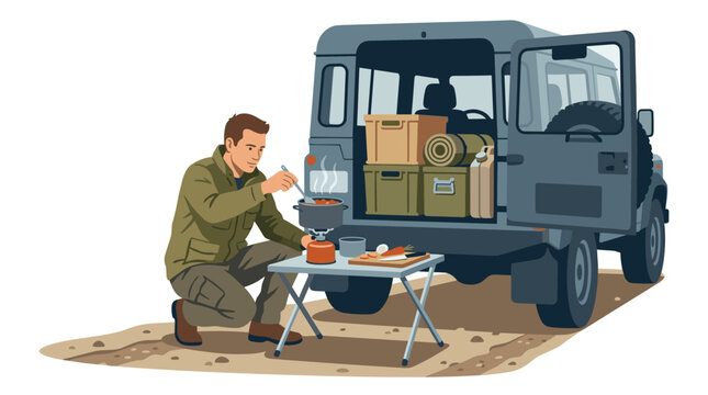 Man cooking outdoor meal on portable stove next to 4x4 off-road vehicle during overlanding camping adventure trip